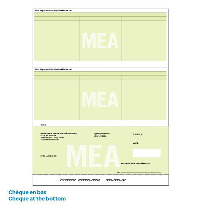Laser cheque base with cheque at the bottom